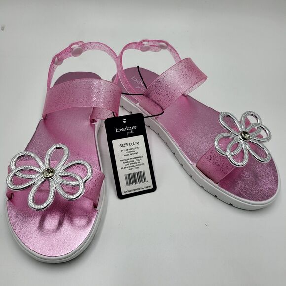 BEBE GIRLS NWT  pink fuchsia & silver size 2/3 press stud jelly sandals - Picture 1 of 6